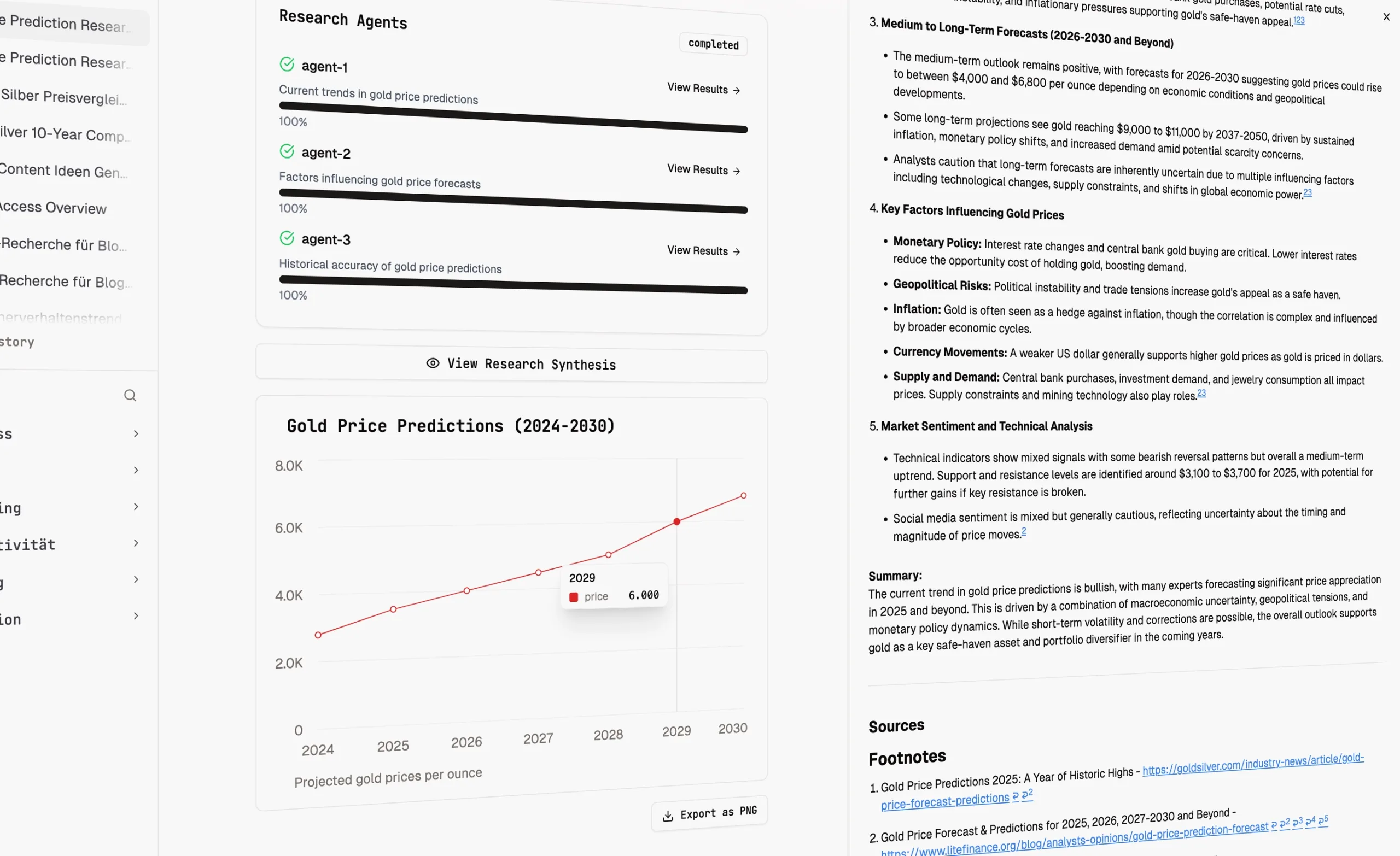 agao.ai Tools Split View Chart und Research Agent
